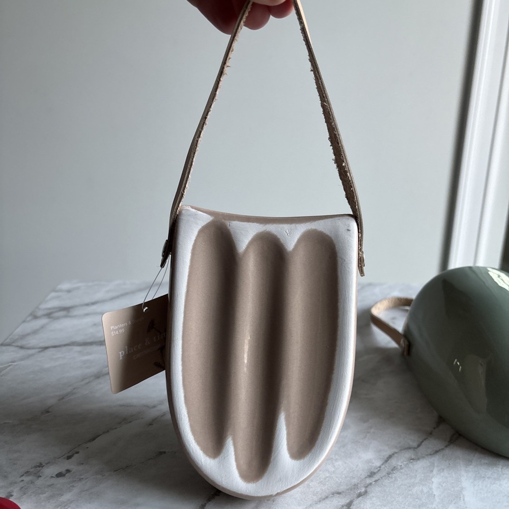 Wall Hanging Cermaic Planters Green Taupe Boho Housewarming Gift Set 2pc Cozy - Picture 4 of 11
